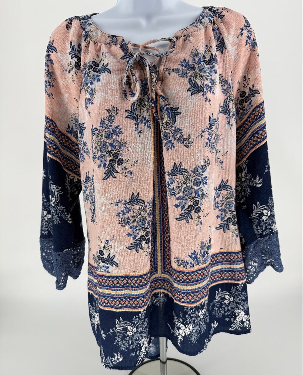 Olive Hill Womens M Boho Floral Peasant Blouse Lace Back Tie Neck Pink Navy